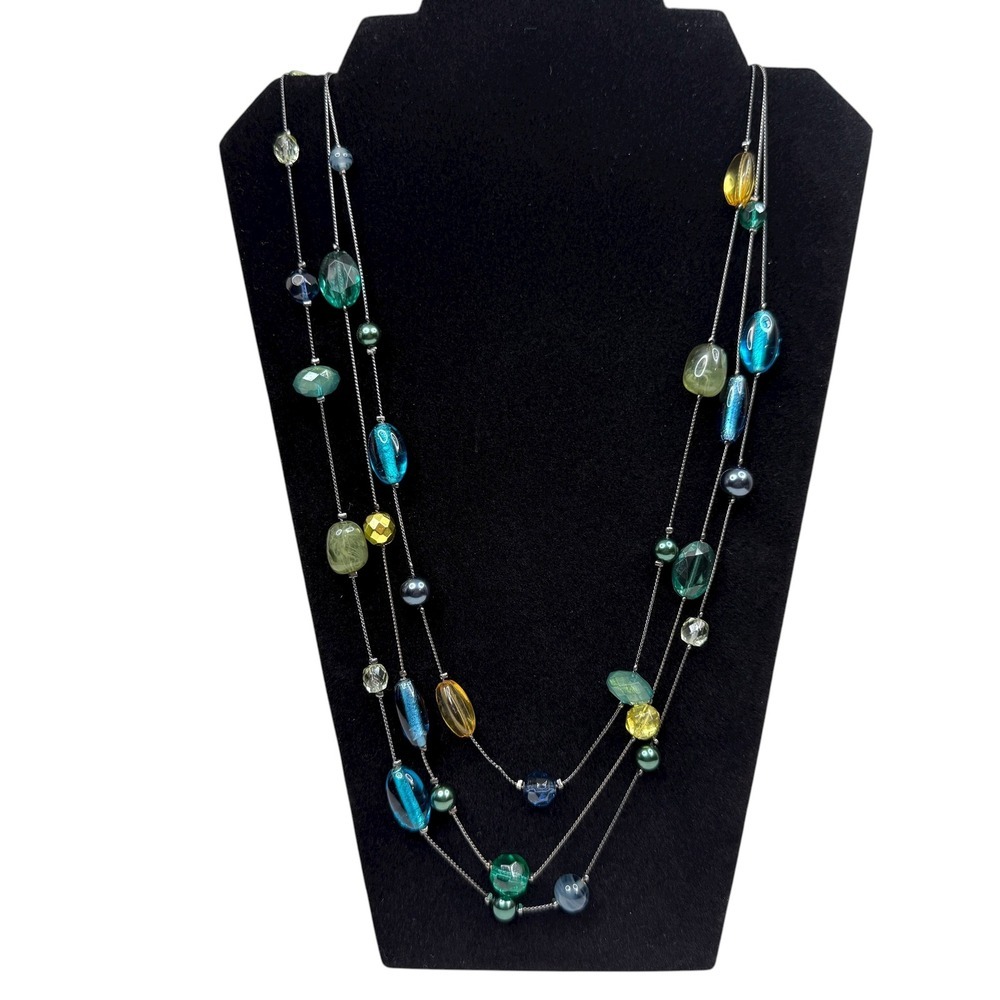 Multi Strand Beaded Necklace Silver Tone Blue Green Yellow Gemstone Accent